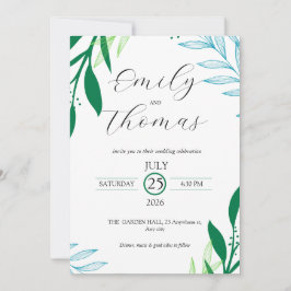 Modern Botanical Green Leaf Wedding Invitation 招待状