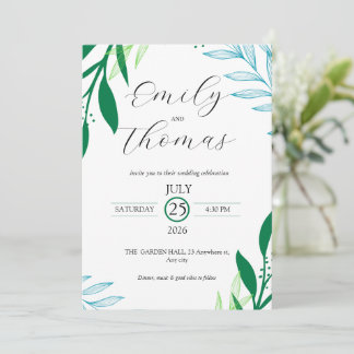 Modern Botanical Green Leaf Wedding Invitation 招待状