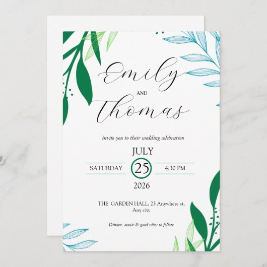 Modern Botanical Green Leaf Wedding Invitation 招待状 (正面/裏面)