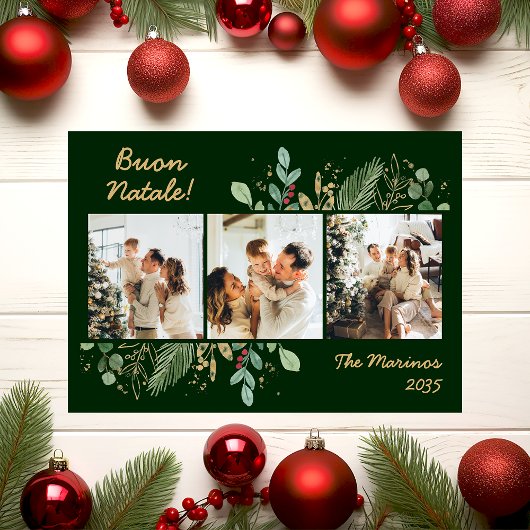Modern Botanical Greenery Photo Buon Natale シーズンカード