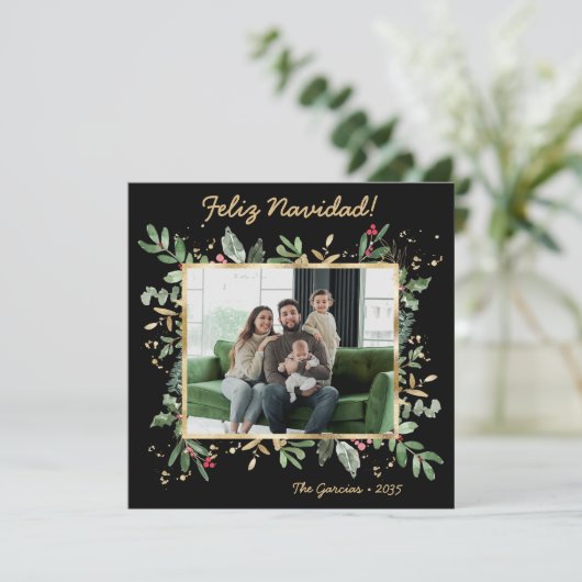 Modern Botanical Greenery Photo Feliz Navidad シーズンカード (スタンド正面)
