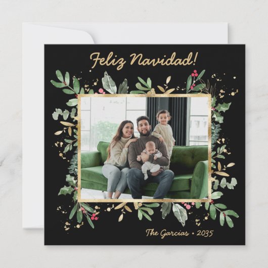 Modern Botanical Greenery Photo Feliz Navidad シーズンカード (正面)