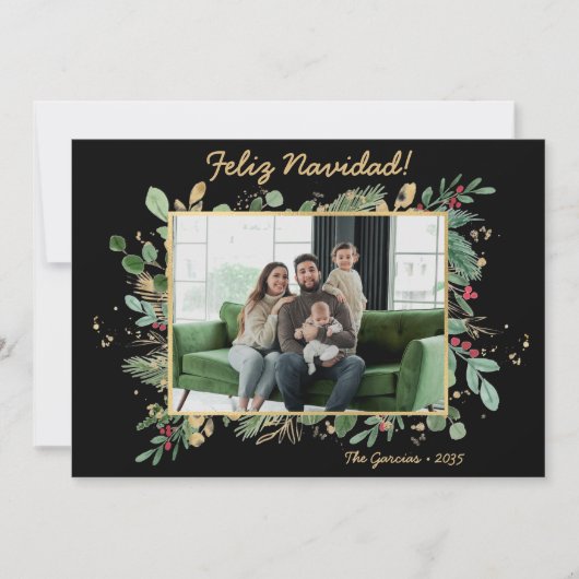 Modern Botanical Greenery Photo Feliz Navidad シーズンカード (正面)