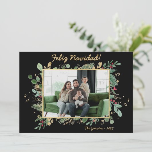 Modern Botanical Greenery Photo Feliz Navidad シーズンカード (スタンド正面)