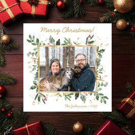 Modern Botanical Greenery Photo Holiday Card シーズンカード