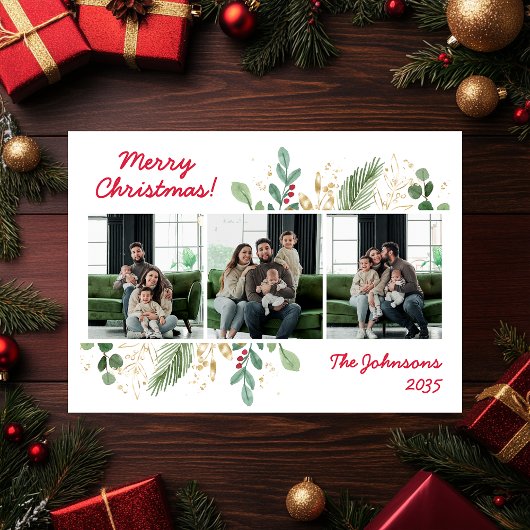Modern Botanical Greenery Photo Holiday Card シーズンカード