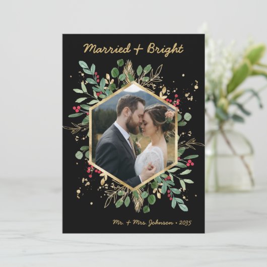 Modern Botanical Greenery Photo Married and Bright シーズンカード (スタンド正面)