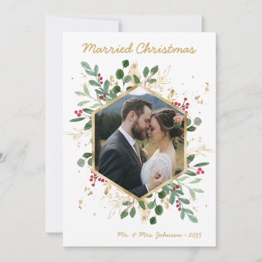 Modern Botanical Greenery Photo Married Christmas シーズンカード (正面)