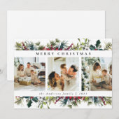 Modern Botanical Merry Christmas 3 Photo Collage シーズンカード (正面/裏面)
