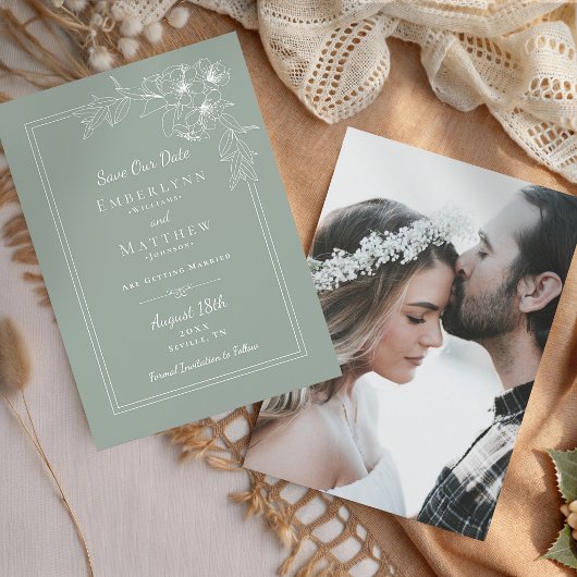 Modern Botanical Sage Green Photo Wedding セーブザデート