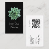 Modern Botanical Succulent QR code Black 名刺 (正面/裏面)