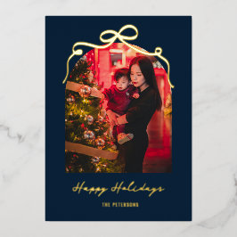 Modern Bow Arch Chic Blue Christmas Photo Gold 箔シーズンカード