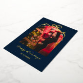 Modern Bow Arch Chic Blue Christmas Photo Gold 箔シーズンカード (回転した状態)