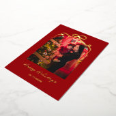 Modern Bow Arch Chic Red Christmas Photo Gold 箔シーズンカード (回転した状態)