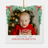 Modern Bow First Christmas as Grandparents Photo セラミックオーナメント (裏面)