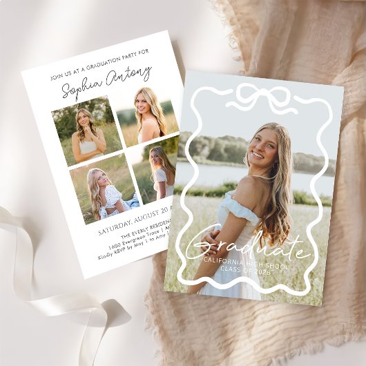 Modern Bow Photo Graduation Party Invitation 招待状