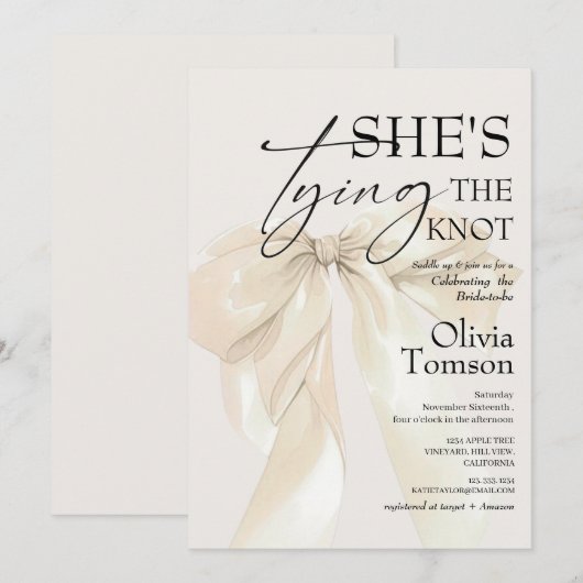 Modern Bow She's Tying the Knot Bridal Shower 招待状 (正面/裏面)