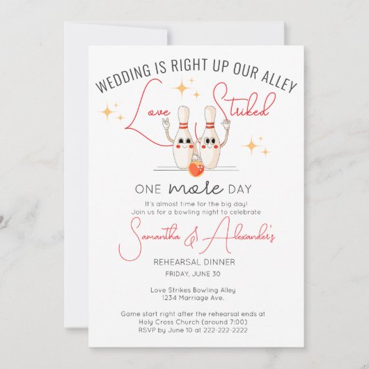 Modern Bowling Alley Engagement Rehearsal Dinner 招待状 (正面)