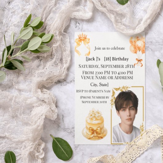 Modern Boy's 18th Birthday Photo Party Invitation  招待状