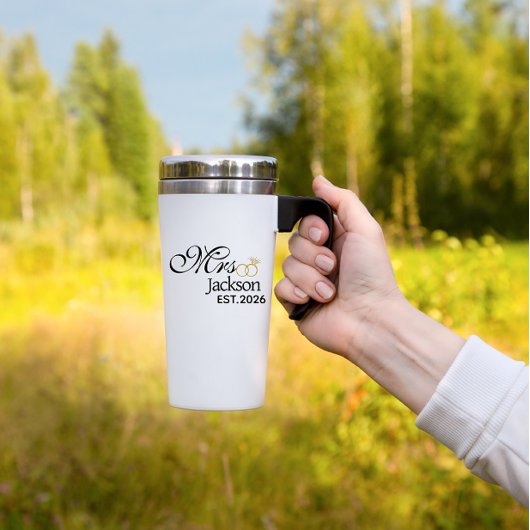 Modern Bride Name Wedding Ring Date Black Text トラベルマグ