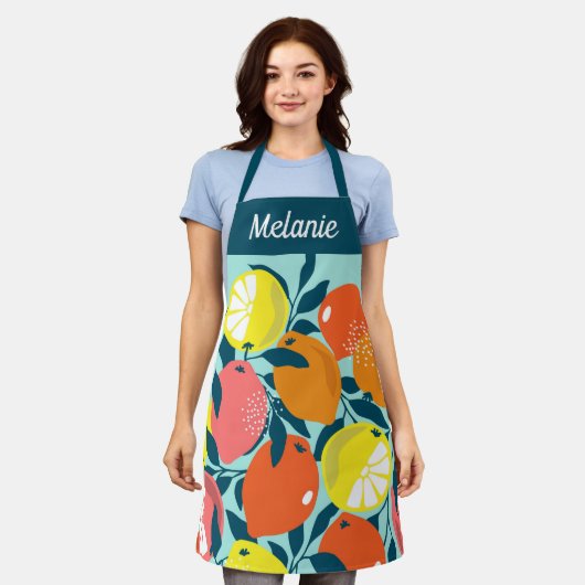 Modern Bright Lemon Citrus Fruit Art Personalised エプロン (着用した状態)