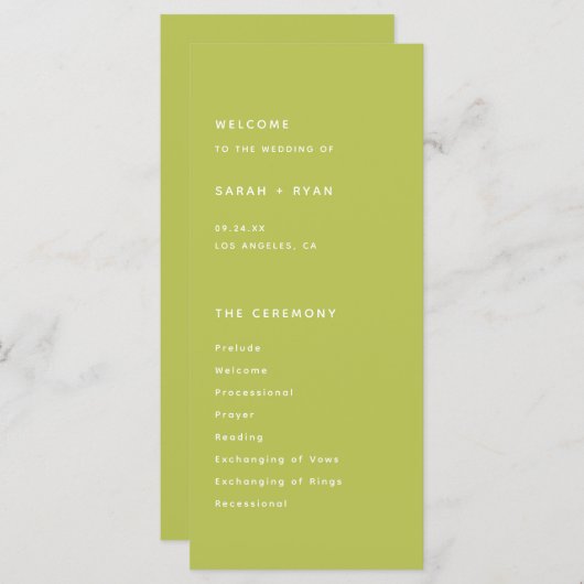 Modern Bright Lime Green Wedding Ceremony プログラム (正面/裏面)
