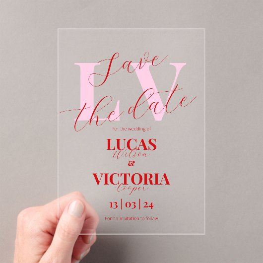 Modern Bright Pink and Red Wedding save the date  アクリル招待状 (インサイチュ (ポータブル))
