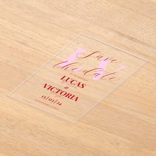 Modern Bright Pink and Red Wedding save the date  アクリル招待状 (レイダウン)