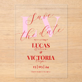Modern Bright Pink and Red Wedding save the date  アクリル招待状