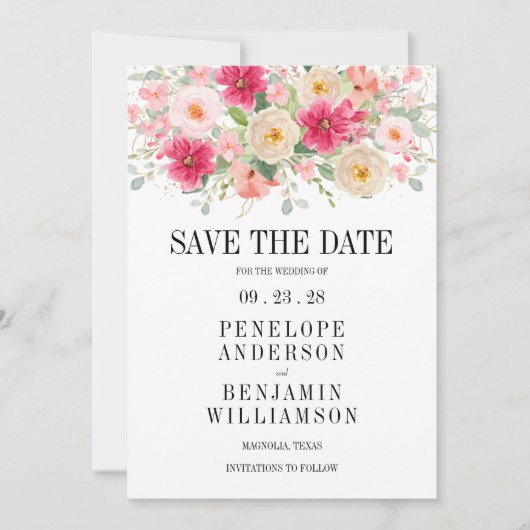 Modern Bright Pink Floral Wedding Save The Date (正面)