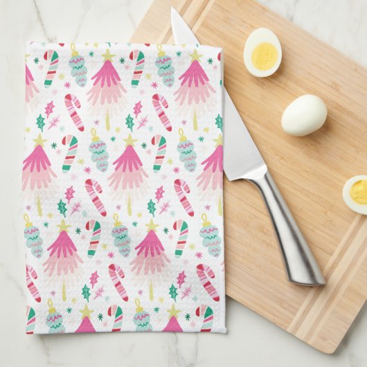 Modern Bright Pink Whimsical Christmas キッチンタオル (四つ折り)