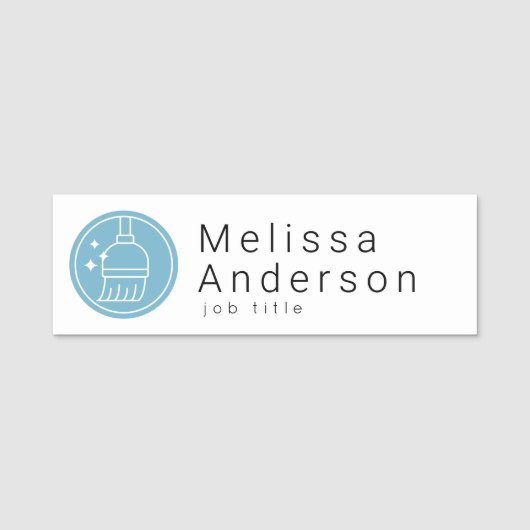 Modern Broom Logo Blue Cleaning Service 名札 (正面)