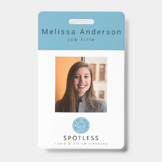 Modern Broom Logo Blue Cleaning Service ID Photo バッジ (Front)