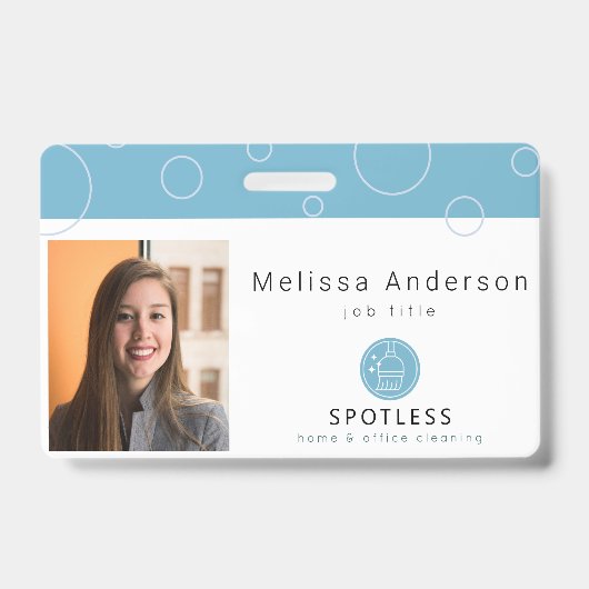 Modern Broom Logo Blue Cleaning Service ID Photo バッジ (Front)