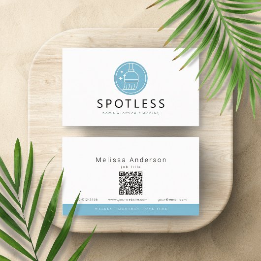 Modern Broom Logo QR Code Cleaning Service Maid 名刺