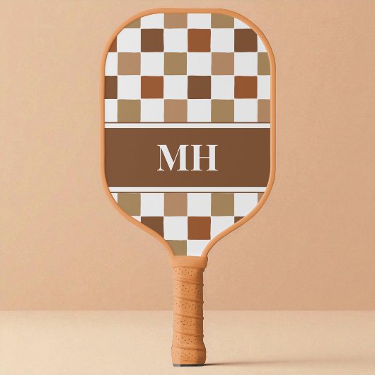 Modern Brown and White Checkered Initials Monogram ピックルボールラケット