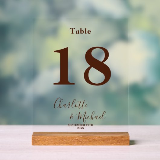 Modern Brown Elegant Wedding Table Number アクリルサイン (ニュートラル)