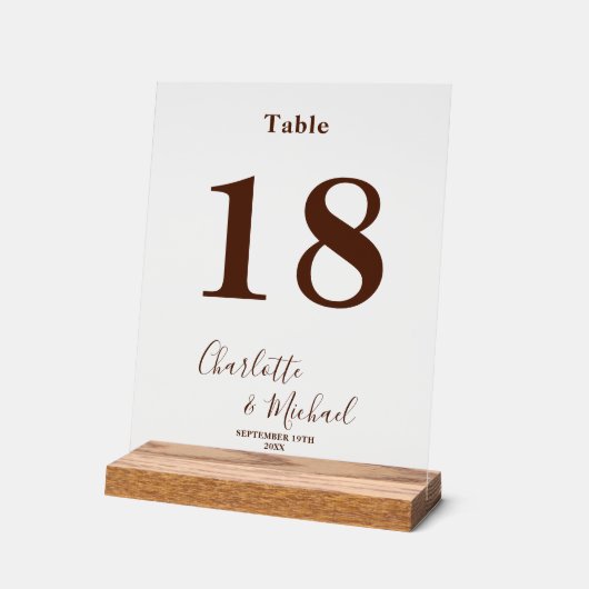 Modern Brown Elegant Wedding Table Number アクリルサイン (傾斜)