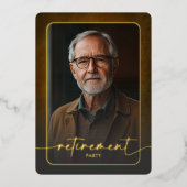 Modern Brown Leather Photo Retirement Party 箔招待状 (正面)