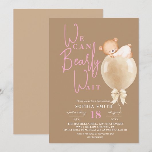  Modern Brown Pink Bear Balloon Baby Shower 招待状 (正面/裏面)