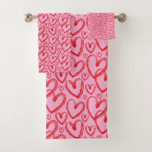 Modern Brush Heart Pink Red Pattern バスタオルセット (インサイチュ)