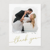 Modern Brush Photo Gold Script Wedding Thank You ポストカード (正面)