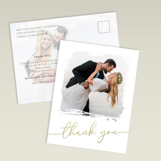 Modern Brush Photo Gold Script Wedding Thank You ポストカード