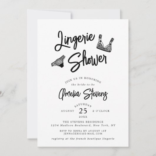 Modern Brush Script Lingerie Bridal Shower Invitat 招待状 (正面)
