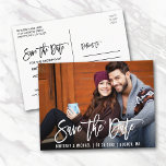 Modern Brush Script Save The Date Photo ポストカード<br><div class="desc">Modern Brush Script Save The Date Engagement Couple Photo Postcard</div>