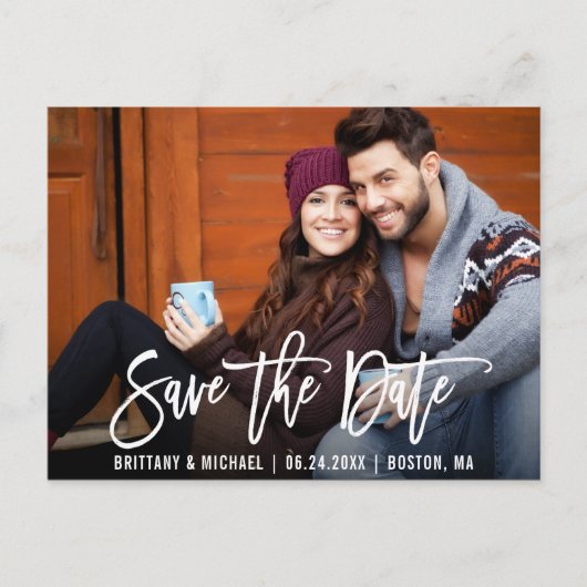 Modern Brush Script Save The Date Photo ポストカード (正面)