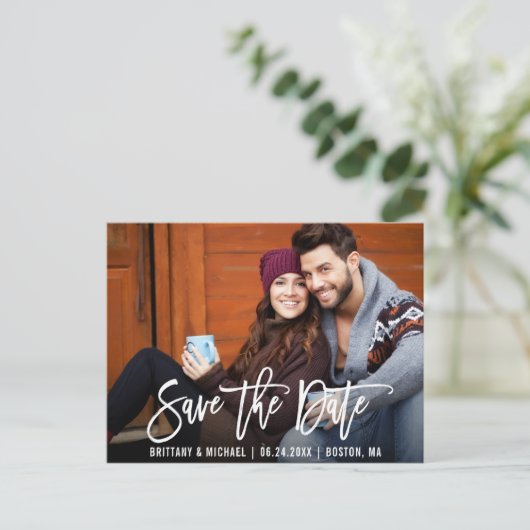 Modern Brush Script Save The Date Photo ポストカード (スタンド正面)