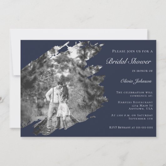 Modern Brushstroke Photo Bridal Shower Navy Blue 招待状 (正面)