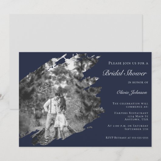 Modern Brushstroke Photo Bridal Shower Navy Blue 招待状 (正面/裏面)