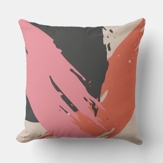 Modern Brushstrokes - Pink, Peach & Black on Beige クッション (正面)